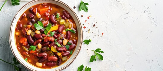 Wall Mural - Chili beans on a white tabletop from a top view, with space for duplication. This is a homemade plant-based stew made with kidney beans and vegetables.