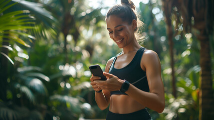 fit girl tracking health on mobile app, using mobile after a run