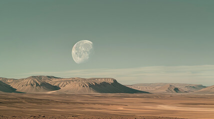 Wall Mural - Surreal desert landscape with an oversized moon rising on the horizon in soft pastel tones