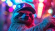 Sloth as baseball player, hologram of stadium, vibrant colors, eyelevel view, bokeh background , high detailed