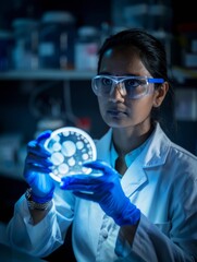 Aufkleber - Young Asian Female Scientist Analyzing Petri Dishes in a Laboratory Setting