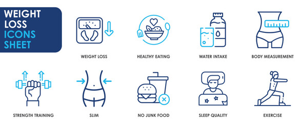 Weight loss icon set. Containing diet, manage weight and so on. Line style icons set related to weight loss.