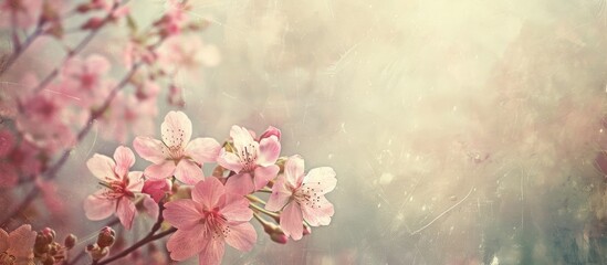 Pink cherry blossoms in spring against a vintage-toned abstract nature backdrop of the sunlit sky.
