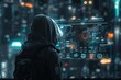 Hooded figure with futuristic holographic interface, set against a blurred cityscape at night. Created with Generative AI.