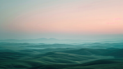 Wall Mural - Expansive pastel dawn over gentle rolling hills in a surreal fantasy landscape panoramic view