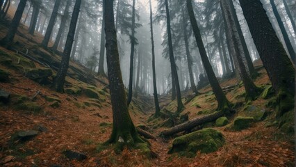 Misty autumn forest with tall bare trees