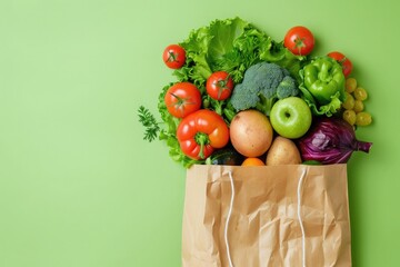 Paper bag full of fresh organic vegetables on green background. Healthy food shopping concept