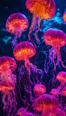 Wall Mural - a group of jelly fish floating through water with lights on