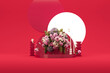 3D podium display, dark red background with hydrangeas flower and vintage frame. Peonies flower and nature leaf. Minimal pedestal for beauty, product. Feminine copy space template 3d render	