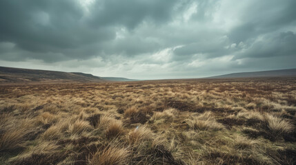 Canvas Print - Dramatic cloudy sky over vast moorland with sparse vegetation in a panoramic landscape