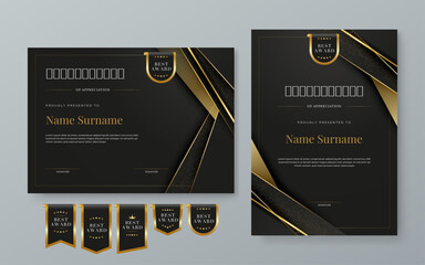 Wall Mural - Black and gold certificate modern elegant and luxury template with shapes. For appreciation, achievement, awards diploma, corporate, and education