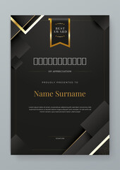 Black and gold modern certificate template with shapes. For corporate, achievement, diploma, award, graduation, completion, appreciation, acknowledgement, recognition etc
