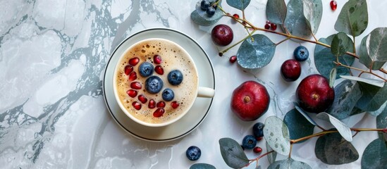 Wall Mural - A ceramic cup filled with hot coffee is placed on a wooden table along with assorted fresh berries like blueberries