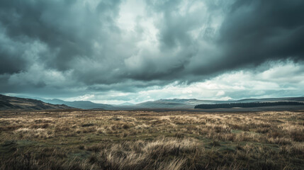 Wall Mural - Dramatic cloudy sky over vast moorland with sparse vegetation in a panoramic landscape