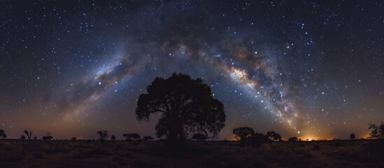 Wall Mural - A solitary tree stands tall in the midst of a vast field, its branches reaching towards the brilliant stars scattered across the night sky above
