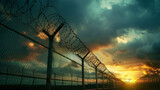 An imposing fence with barbed wire stands against the backdrop of dark storm clouds at sunset, symbolizing control and security.