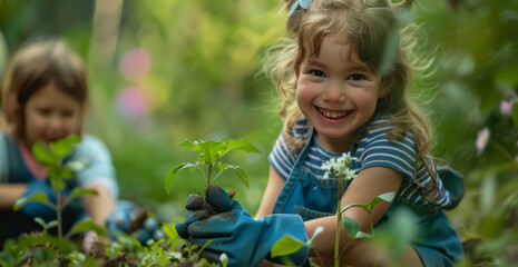 Wall Mural - A happy young girl is planting trees with her family in the garden, wearing gardening gloves and a blue apron against a green background.