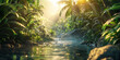 Sun rays shine through the canopy in a jungle view with a river, palm trees, and rocks.