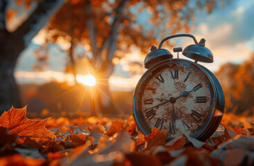 Wall Mural - A clock, set to autumn at sunset and surrounded by fallen leaves and a serene landscape, symbolizes the change in seasons.