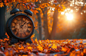 Wall Mural - A clock, surrounded by autumn leaves and trees, symbolizes the passage of time against the backdrop of a setting sun.