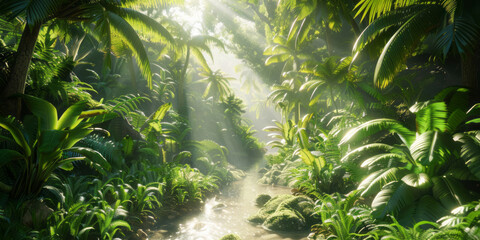 Wall Mural - A small stream runs through a beautiful rainforest filled with tropical plants and trees, with sunlight filtering through the canopy.