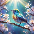 an iridescent bird sitting on a delicate branch with tender flowers blooming, vibrant iridescent bird, sunny day, sunshine rays, lens flare, bokeh