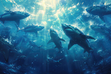 Wall Mural - A school of sharks swimming in the deep blue ocean, with sunlight filtering through the water, creating an ethereal and mystical atmosphere. Created with Ai