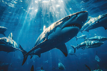 Wall Mural - Realistic photo of sharks swimming in the ocean, surrounded by light rays, with one shark facing towards the camera and showing its teeth. Created with Ai