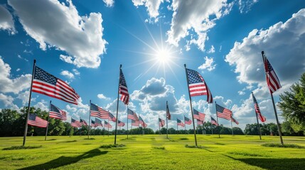 Wall Mural - An expansive scene of U.S. flags fluttering in the breeze at a national memorial or monument, creating a powerful and moving tribute to the nation's history and heroes. 