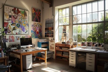 Wall Mural - A creative studio bathed in soft morning light, with artists and designers beginning their day's work on colorful sketches and digital projects, Generative AI