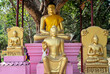 Golden statues of sitting Buddha outside Thai temple in Sarnath near Varanasi.