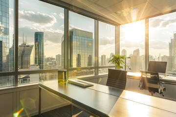 Wall Mural -  A sunlit corner office with floor-to-ceiling windows, overlooking a city skyline awakening to the day's hustle and bustle, Generative AI