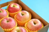 Fototapeta  - beautiful pink apple in the box on blue background