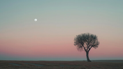 Canvas Print - Lone tree under a twilight canopy with crescent moon and stars in a pastel sunset sky