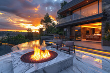 A Modern, Luxury Home On The Shore Of Lake Wanag ООО Lake With A Fire Pit And Sunset View. Created With Ai
