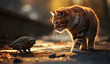View of a cat and an insect playing in the street