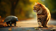 View of a cat and an insect playing in the street
