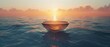 Bowl ocean scene with cereal continents, dawn light, high perspective, calm sea