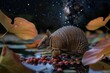 Fairy armadillo amidst floating berries, starry night, wide view, magical foraging