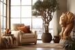 Lion Statuette & Baobab Tree Indoor Planters: African Safari Lounge Living Room Concepts