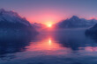 A stunning sunrise over the snowcapped mountains, reflecting on calm waters of Lake cinema4d style, high resolution. Created with Ai