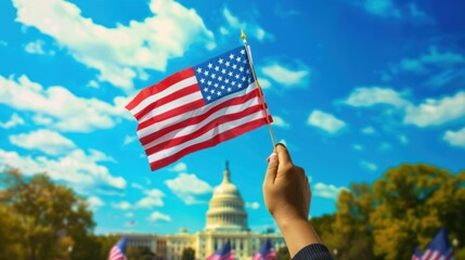 Wall Mural - A symbolic image of a hand waving the American flag in front of iconic landmarks, such as the Statue of Liberty or the Capitol Building.