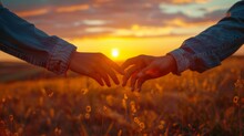Sunset Romance - Young Couple's Holding Hands With French Tips And Heart Designs Outdoors On Valentine's Day