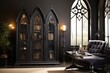 Dark Elegance: Gothic Armoire and Ancient Maps for a Cathedral-Inspired Home Office