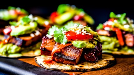 Wall Mural - Grilled beef fajitas in taco tortillas with salsa and bell peppers.