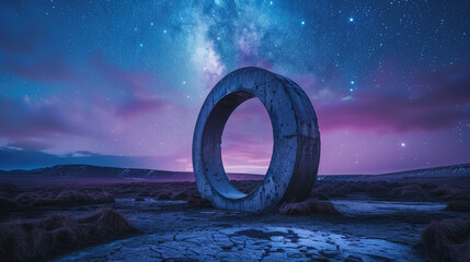 Wall Mural - Surreal view of a mysterious circular portal frames the starry night sky in a barren desert