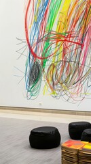 Poster - Modern Art Gallery Interior with Vibrant Wall Mural and Contemporary Seating
