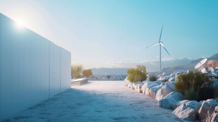 Serene Coastal Path with Wind Turbine in Bright Daylight