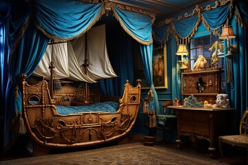 Wall Mural - Galleon Ship Loft Bed and Blue Velvet Sea Drapes: Pirate Ship Theme Children's Bedroom Ideas