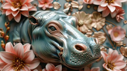 A 3D rendering of a hippo head made of metal with a pink flower background